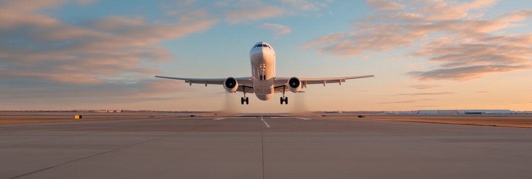 Close-up of commercial airplane taking off at sunrise from airport runway