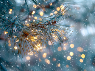Pine tree branch illuminated with warm fairy lights amid gently falling snowflakes creating a magical winter festive atmosphere at dusk