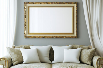 Elegant living room with vintage sofa and empty golden frame