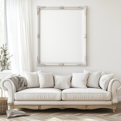 Elegant white sofa in a classic living room with a large empty frame