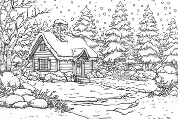 Snowy landscape with wooden cabin, fir trees and stream flowing in winter forest