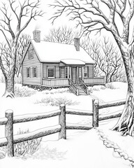 Cozy cottage in snowy winter landscape with smoking chimneys and wooden fence
