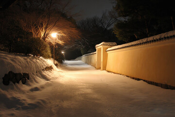 tranquil snowcovered path leading to serene temple stands under soft glowing light of street lamps in stillness of