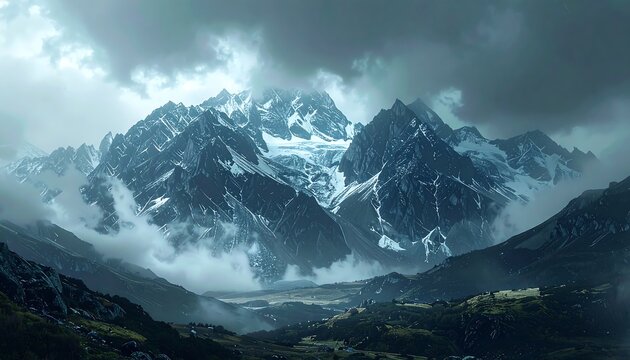Majestic mountain peak shrouded in clouds