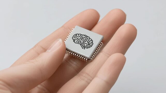 Microchip with brain icon held on hand fingers symbolizing artificial intelligence technology innovation electronic component concept design