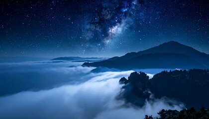 Majestic mountain range above a sea of clouds under a night sky filled with stars and the Milky Way
