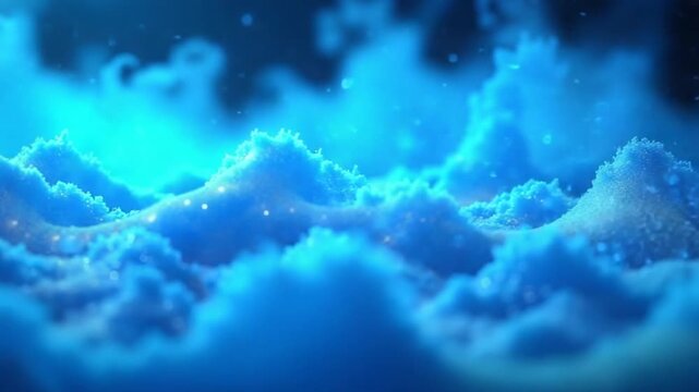 Abstract blue waves and smoke from particles of energy magical bright glowing liquid, background