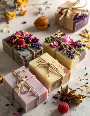 Handmade soaps decorated with dried flowers