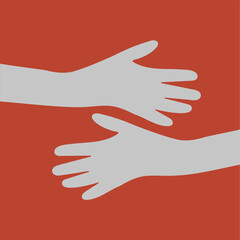 Hands hugs vector minimalist flat style reaching gesture on red background, stock vector