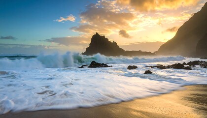 Dramatic sunset over a rocky beach
