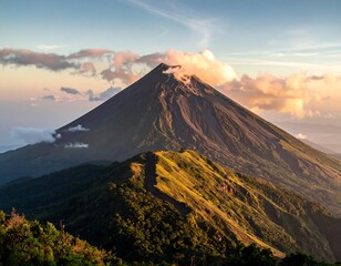Majestic volcano at sunset, clouds and hills
