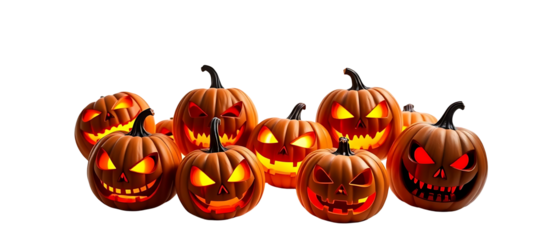Eight lit Jack O'Lanterns with spooky, evil faces against a white background.