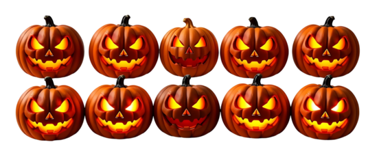 Eight lit Jack O'Lanterns with spooky, evil faces on a white background.