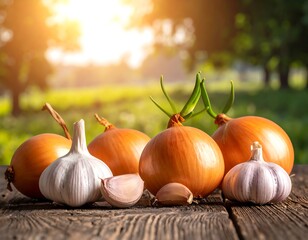 Fresh onions and garlic on rustic wood