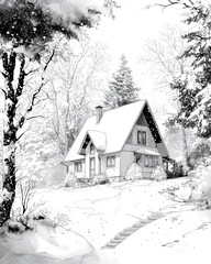 Cozy cottage in snowy forest during snowfall, black and white illustration