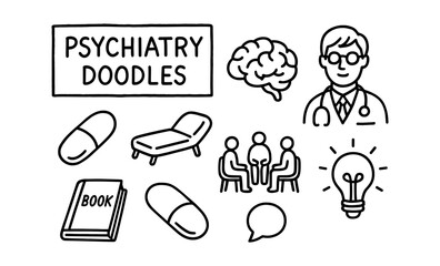 Psychiatry doodles set with mental health icons and illustrations