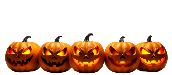 Eight lit Jack O'Lanterns with spooky, evil faces isolated on a white background.