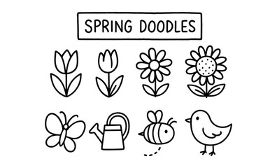 Charming spring doodles: flowers, animals, and garden designs in line art style