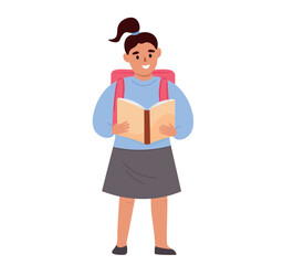 A girl holds a book. A student with a schoolbag on her back reads. Vector flat graphics.
