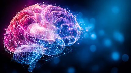 Digital representation of a human brain with glowing neural networks and vibrant colors against a dark background