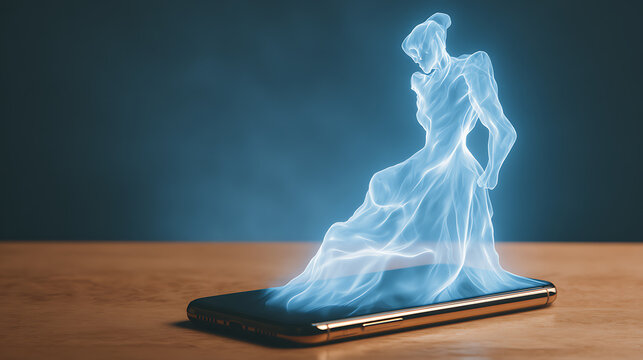 A holographic figure of a woman in a flowing dress emerges from a smartphone screen.