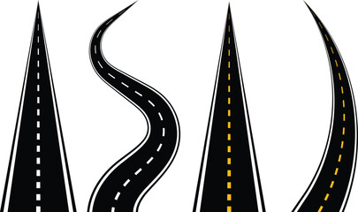 Vector Roads and Paths | Wavy Curved Highways, Horizontal Asphalt Templates | Road Signs & Perspective Illustration