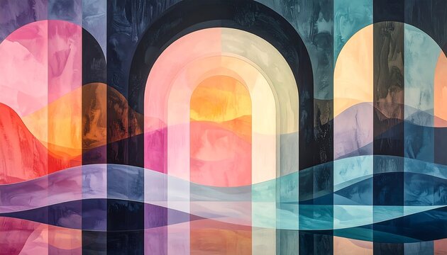Abstract arches with layered colors and wavy lines - Powered by Adobe