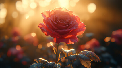 Red rose blooming in golden sunset light with water drops
