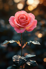 Pink rose blooming in a garden with bokeh effect