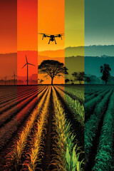 Drone flying over colorful agricultural fields with wind turbines and trees at sunset