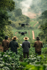 Farmers observing drones flying over crops in precision agriculture