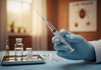 A doctor hand holding a syringe ready for a vaccine against tick-borne encephalitis, selective focus