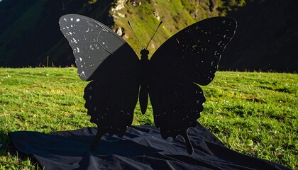 Large black metal butterfly sculpture outdoors