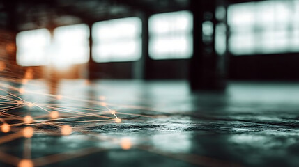 Abstract network connections overlaying an industrial interior space with soft lighting and blurred background