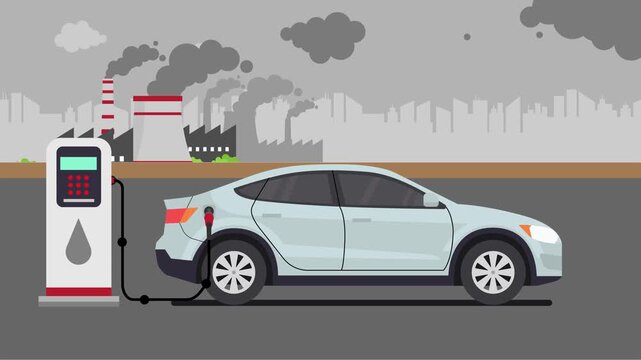 a gasoline car refueling at a gas station with a polluting oil refinery in the background. The image serves as a commentary on the dirty nature of fossil fuels and their environmental impact.