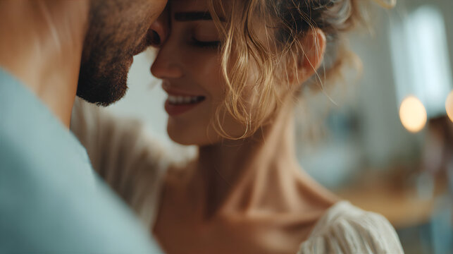 Man and woman touching heads, creating a feeling of intimacy and connection for a romantic concept. Happy couple cherishing an emotional moment.