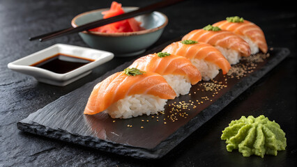 Exquisite fresh salmon sushi&mdash;featuring buttery, glistening slices of raw fish atop perfectly formed rice nigiri and delicate rolls