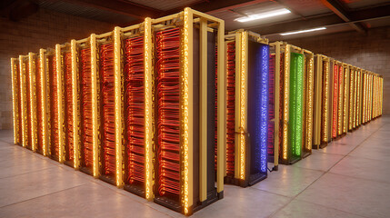 Rows of illuminated server racks in a data center with colorful LED lighting
