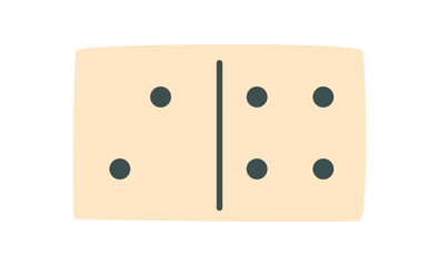 Flat domino tile with black dots. Game piece for childhood boardgame fun on a table. Classic graphic template design, play and leisure concept for family and recreation activities.