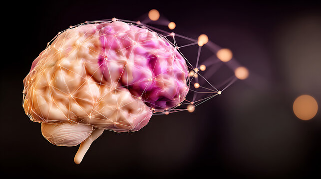 Digital representation of a human brain with neural network connections and glowing nodes