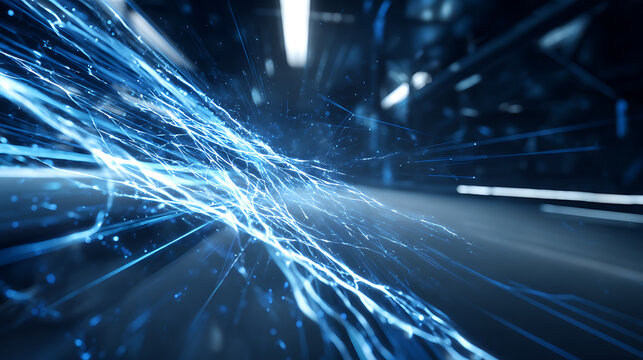 Abstract digital network with glowing blue light trails in a futuristic tunnel environment