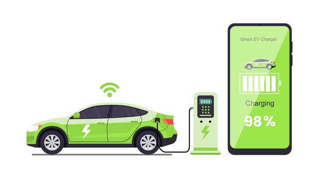 A sleek EV charges while a smartphone displays its status. This vector highlights the advanced tech and seamless integration of modern electric mobility and smart features.