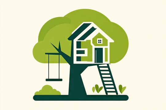 Colorful illustration of a treehouse with a swing. - Powered by Adobe
