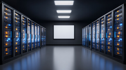 Modern server room with rows of illuminated server racks and a central display screen