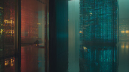 Modern glass buildings illuminated at night with colorful reflections in wet surroundings