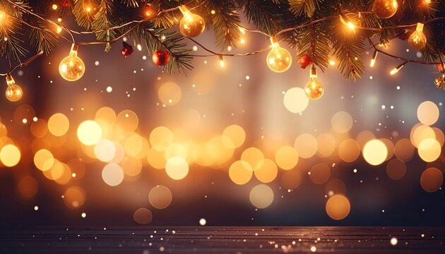 Festive Christmas lights bokeh on wood