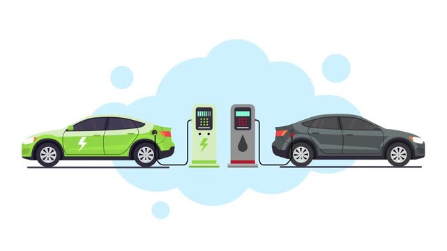 Conceptual comparing an eco-friendly electric car and a polluting gasoline car. Visually contrasts sustainable transport's future with the past's environmental impact.