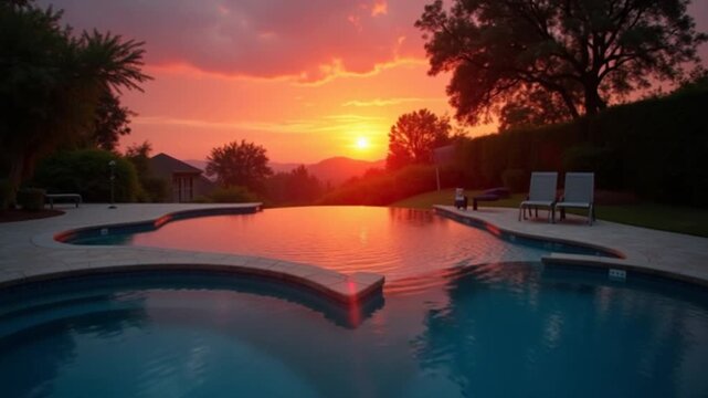 Majestic sunset during golden hour over a heart shaped swimming pool showing the red and orange sun reflection, Serene Sunset Poolside Escape