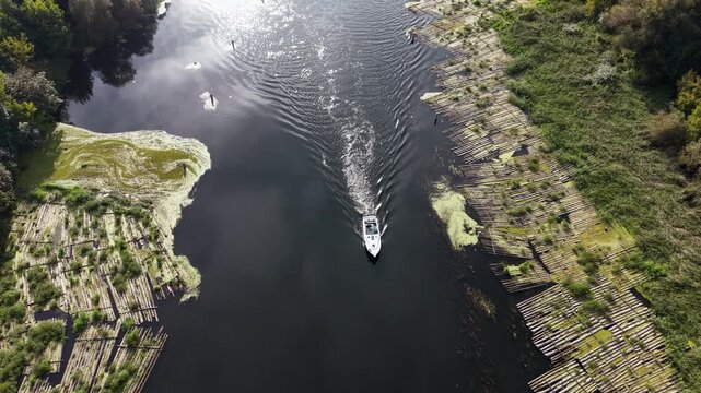 Aerial Bydgoszcz Poland boat Brda river log rafts 2. Northern Poland. River Brda inland waterway, tributary Vistula. Host international regatta rowing competition. Recreation, fishing, transportation.