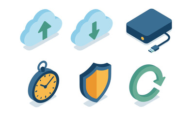 Digital technology icons in isometric style: cloud, data, security, and time concepts